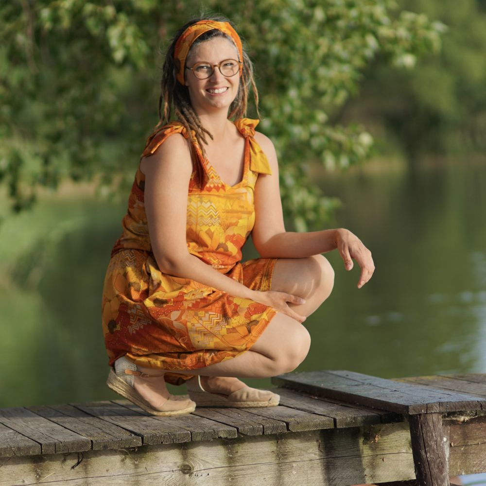 Eigenproduktion "Bohemian Summer" von Graustufen-Stoffe auf Baumwolljersey, Jersey Boho Stoff, orange, gelb